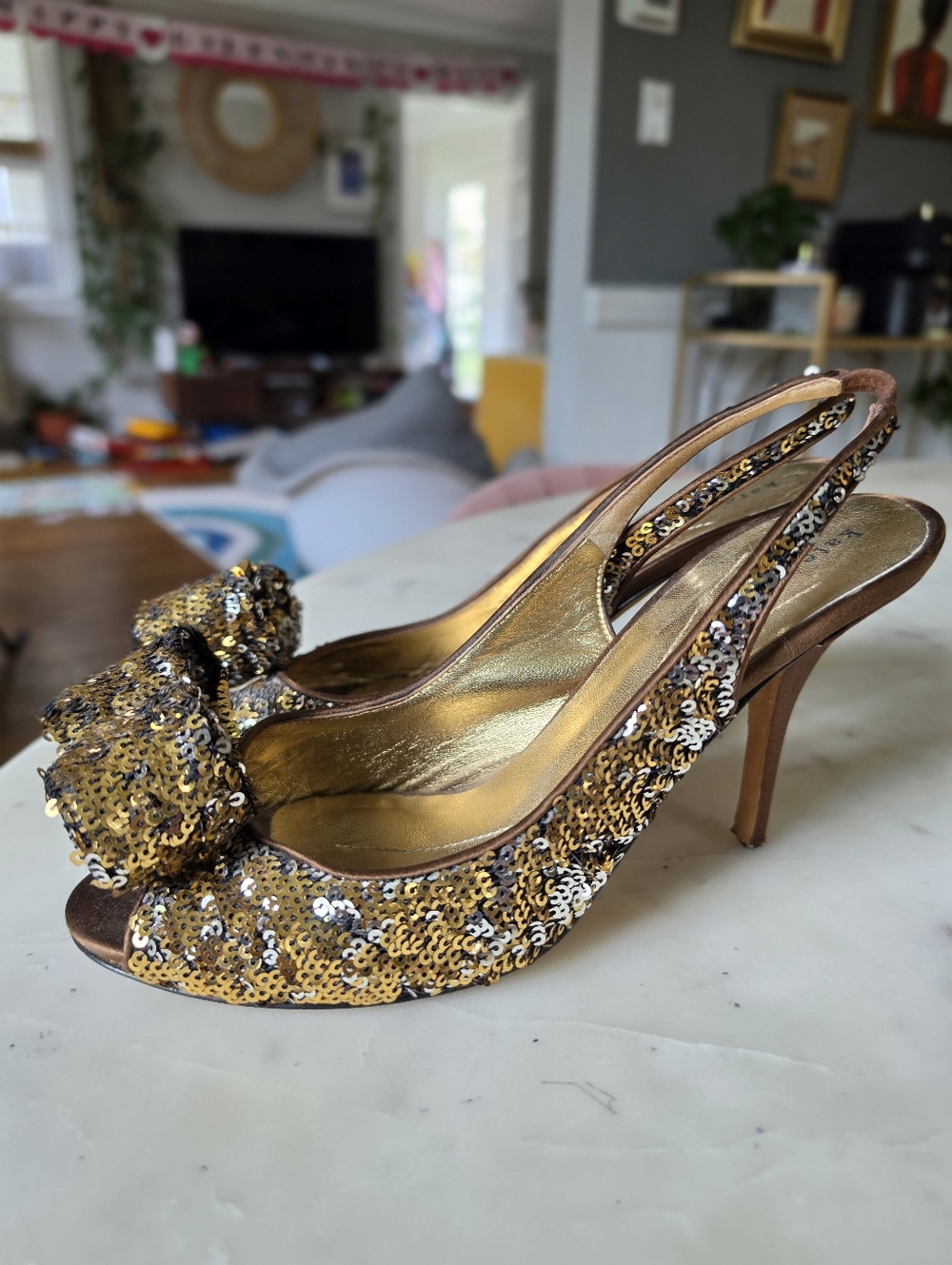 Vintage Kate Spade Carly Gold Sequin Slingback Peep-Toe Heels with Bow Size 8